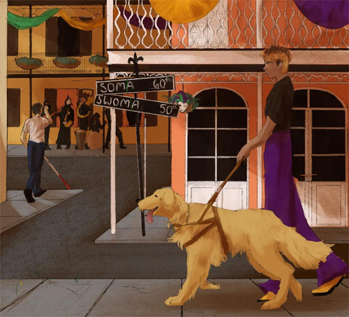 drawing shows a New Orleans intersection with streets named 'SOMA 60th' and 'SWOMA 50th'.  A young person walks with a guide dog and around the corner another person with a white cane is listening to a jazz band across the street.